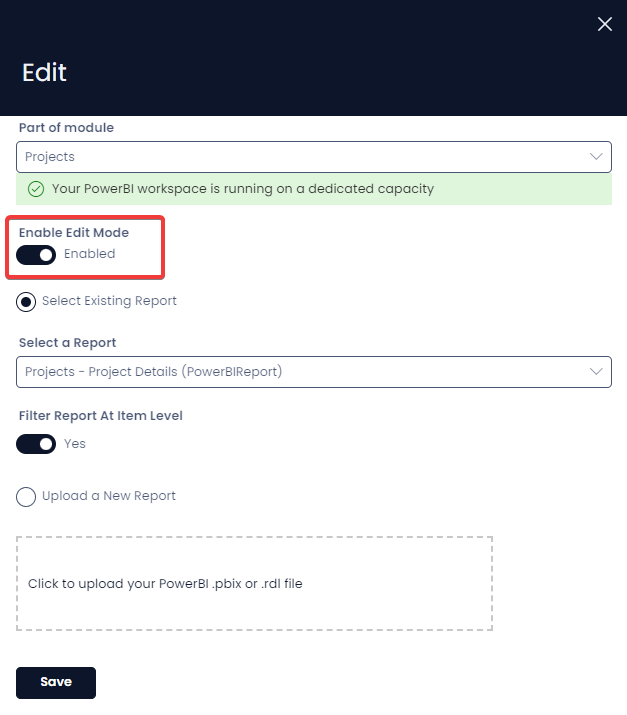 A screenshot that indicates how to enable editing mode on a PowerBI report. After the user has selected the edit icon from the previous steps, they must choose to set the &quot;Enable Edit Mode&quot; to &quot;Enabled&quot;. The screenshot is annotated with a red box that indicates the location of the &quot;Enable Edit Mode&quot; field.